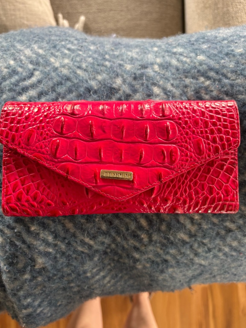 Brahmin Hot Pink Croc-Embossed Foldover Wallet “Veronica”